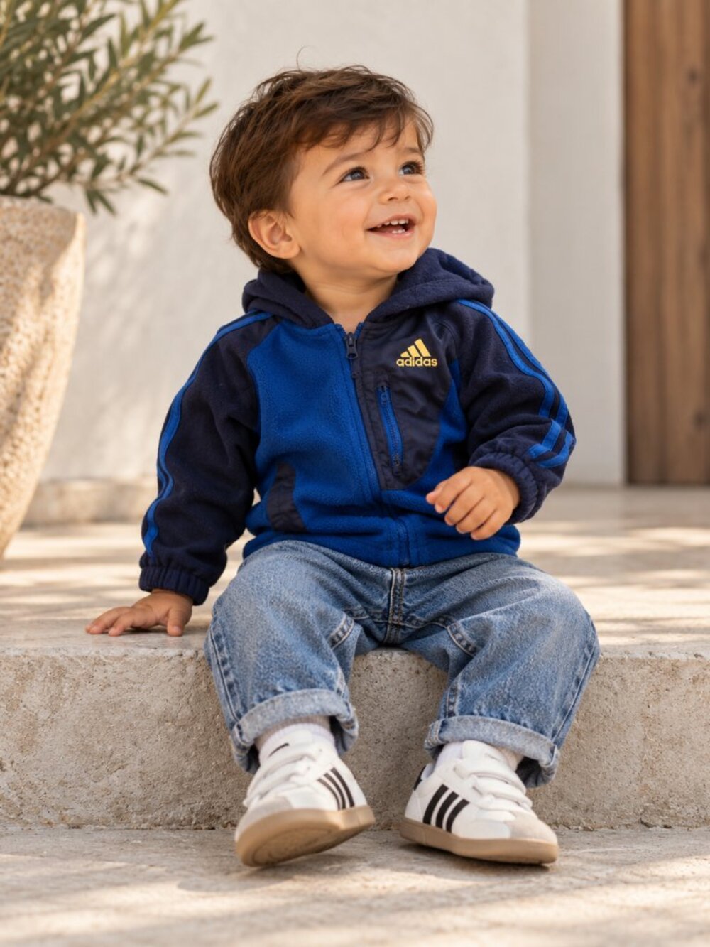 Adidas Baby Boys Fleece Hooded Jacket 12M Blue Navy Full Zip 3 Stripes